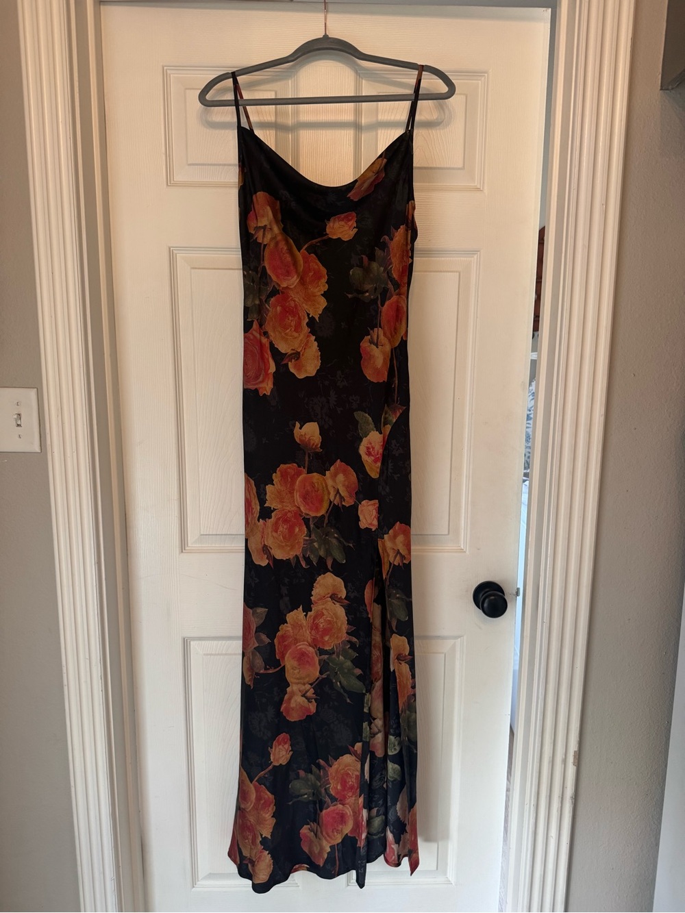 Floral Slip Maxi Dress in Black w/ Orange Rose Print & Cowl Neck - Women’s L